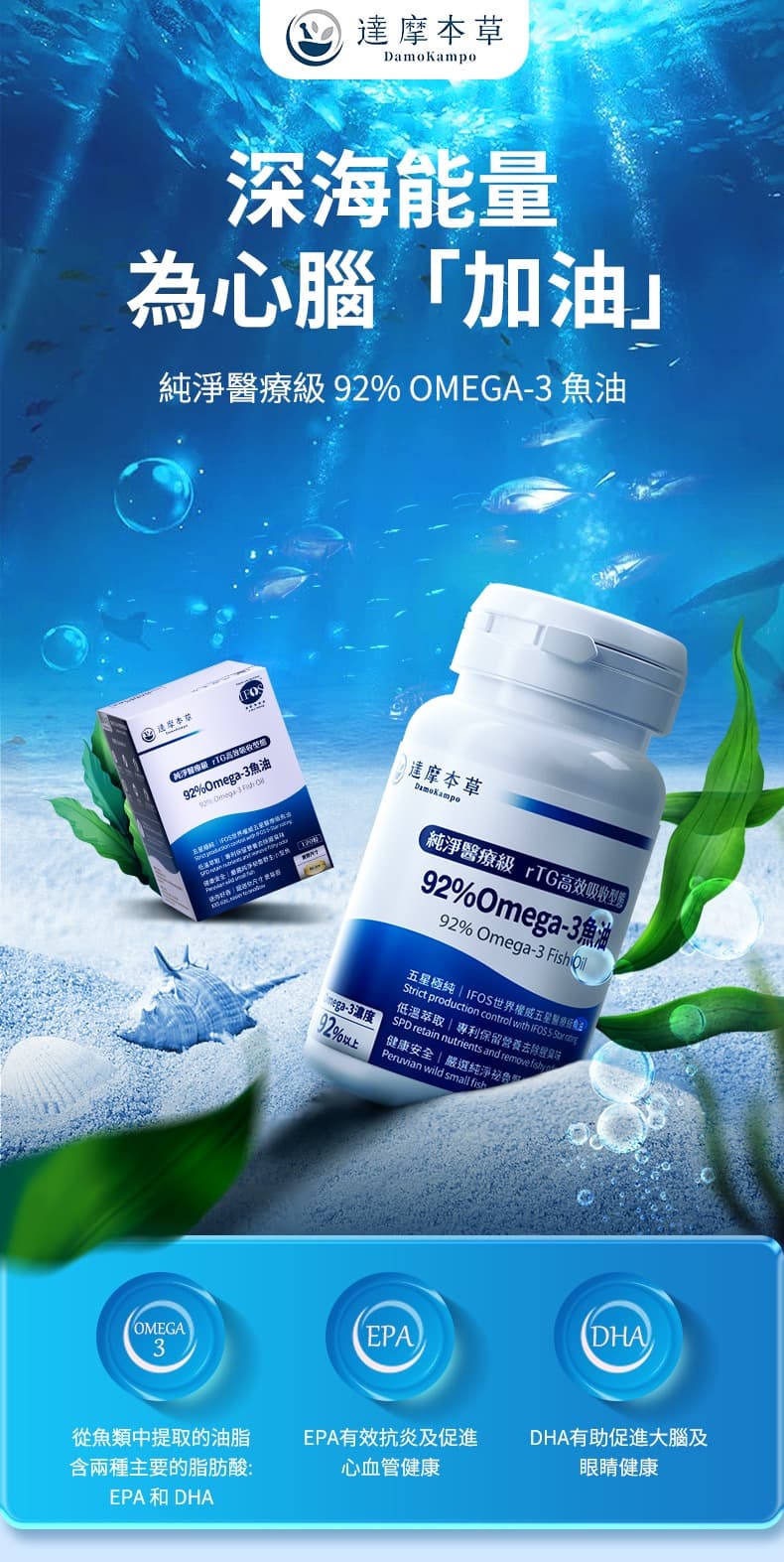 深海能量 為心腦「加油」 純淨醫療級 92% Omega-3 魚油 魚油由EPA與DHA組成，含有豐富的Omega-3 EPA有效加速膽固醇代謝、減低中風或心臟衰竭嘅風險 DHA有助調理體質、增強專注及記憶力